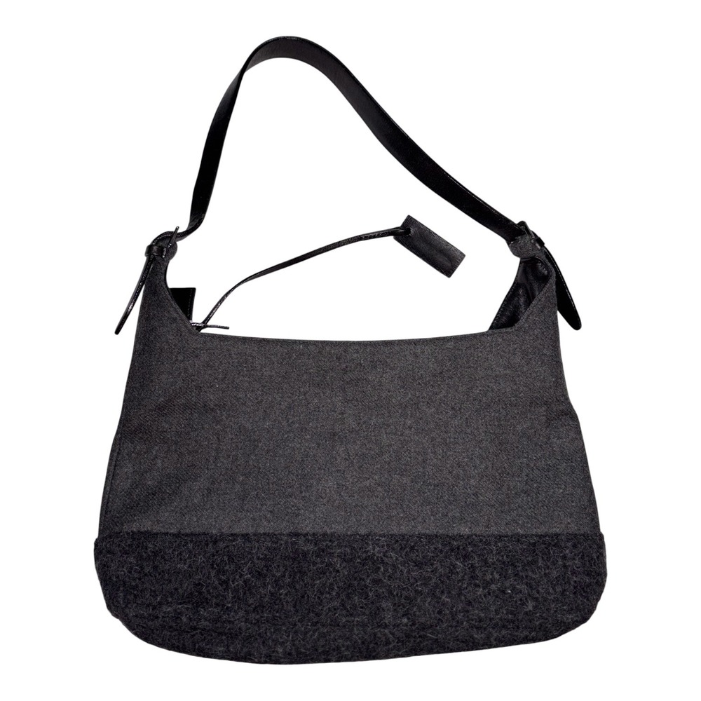 Junko Shimada Grey Wool Blend Mixed Media Shoulder Bag Hobo Black Leather Strap